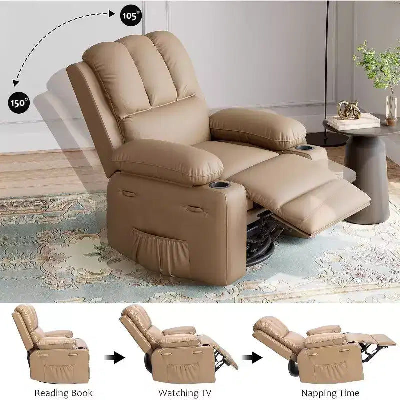 Fauteuil inclinable manuel en cuir PU - 26,8 po Design ergonomique avec porte-gobelets et rangement, pour cinéma maison, salon