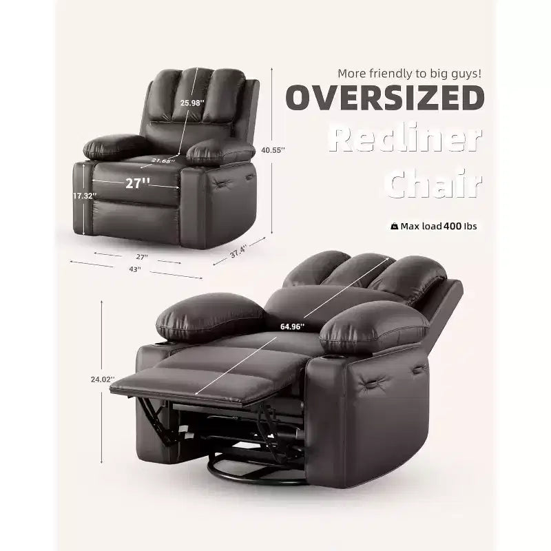 Fauteuil inclinable manuel en cuir PU - 26,8 po Design ergonomique avec porte-gobelets et rangement, pour cinéma maison, salon