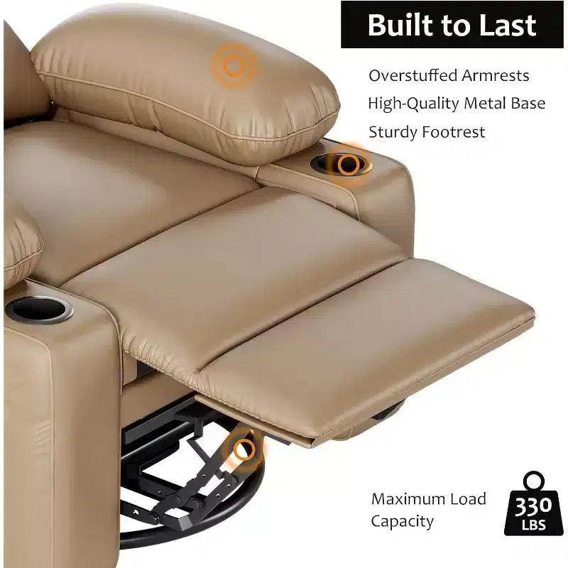 Fauteuil inclinable manuel en cuir PU - 26,8 po Design ergonomique avec porte-gobelets et rangement, pour cinéma maison, salon