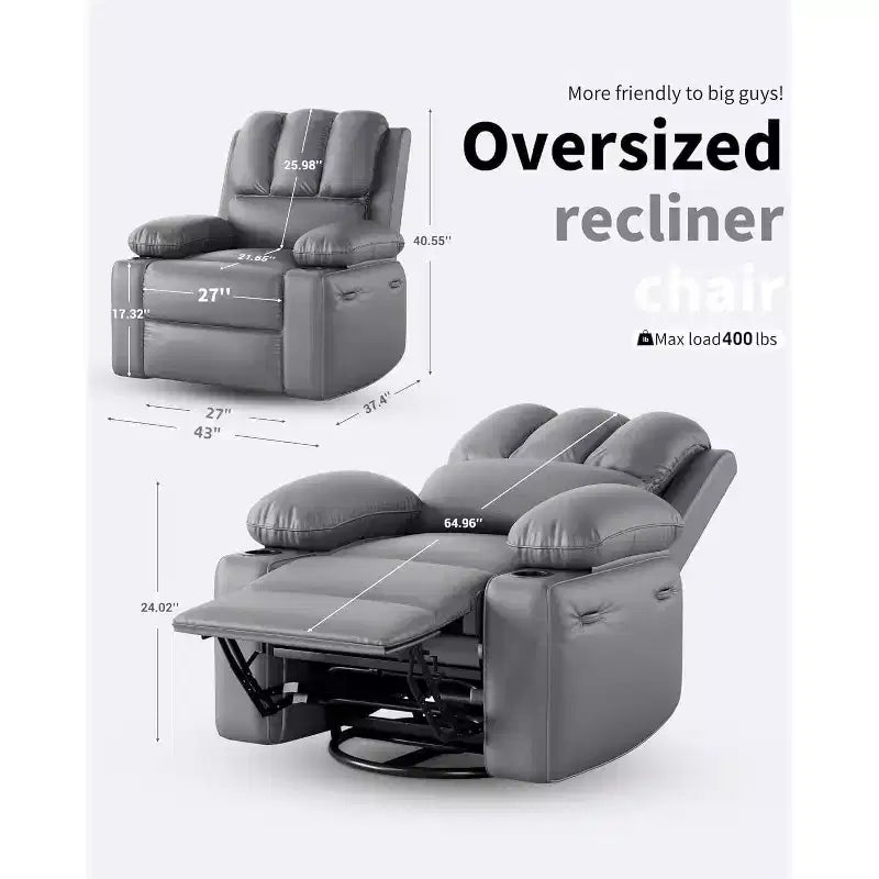 Fauteuil inclinable manuel en cuir PU - 26,8 po Design ergonomique avec porte-gobelets et rangement, pour cinéma maison, salon