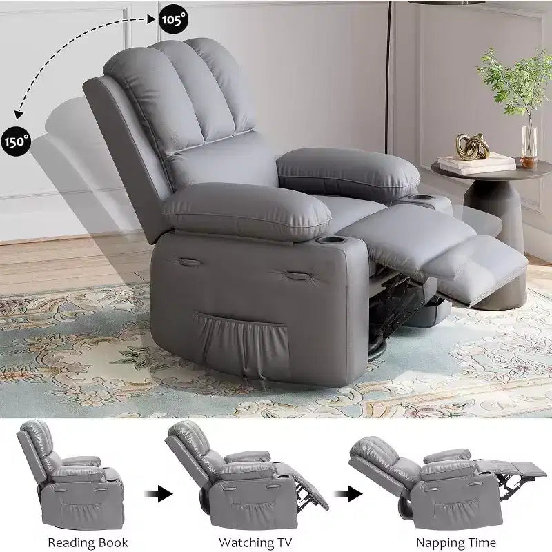 Fauteuil inclinable manuel en cuir PU - 26,8 po Design ergonomique avec porte-gobelets et rangement, pour cinéma maison, salon