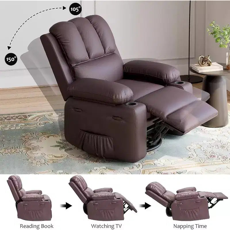 Fauteuil inclinable manuel en cuir PU - 26,8 po Design ergonomique avec porte-gobelets et rangement, pour cinéma maison, salon