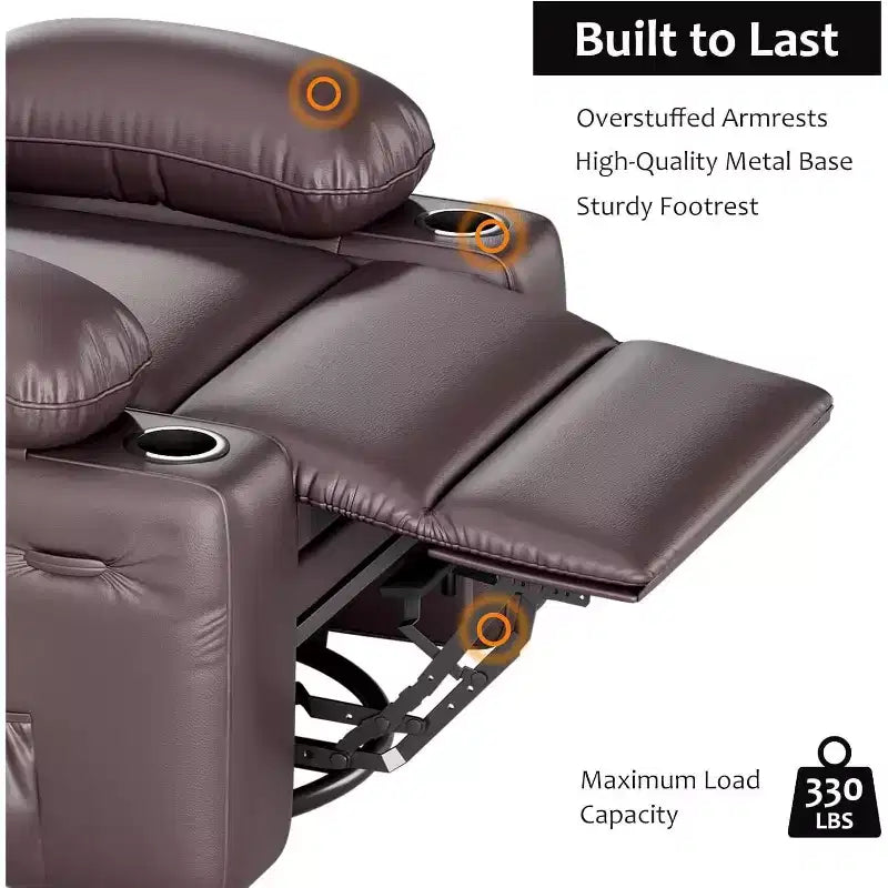 Fauteuil inclinable manuel en cuir PU - 26,8 po Design ergonomique avec porte-gobelets et rangement, pour cinéma maison, salon