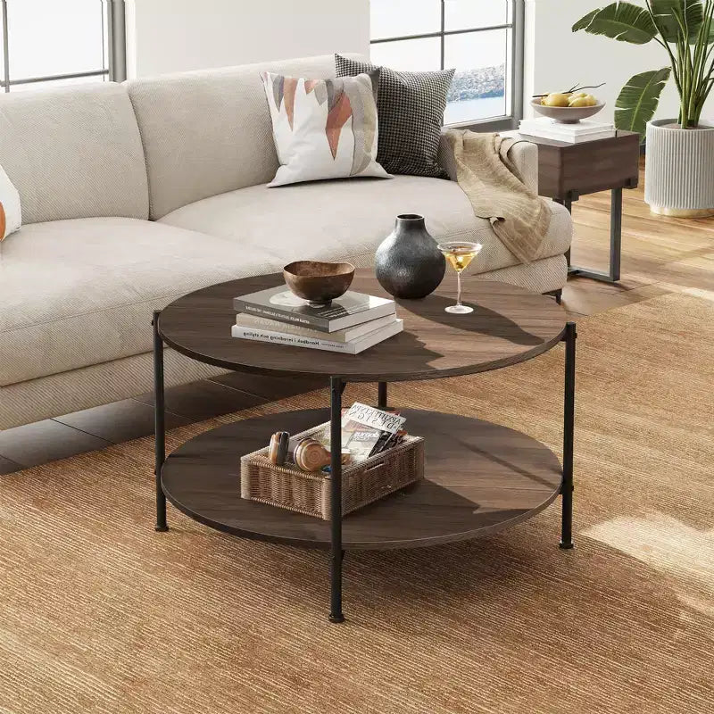 32.6 Round Coffee Table with Open Storage Shelf, 2-Tier Industrial Circle Wood Center Table