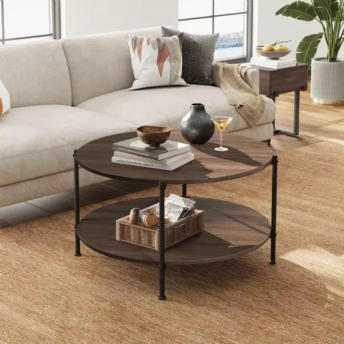 32.6 Round Coffee Table with Open Storage Shelf, 2-Tier Industrial Circle Wood Center Table