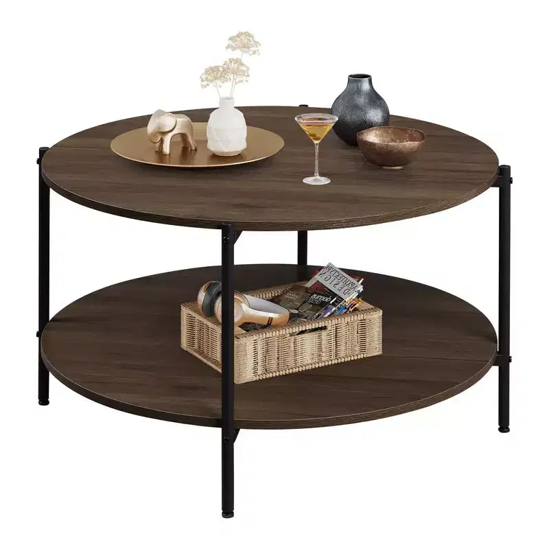 Table basse ronde 32,6 po avec étagère de rangement ouverte, table basse ronde industrielle en bois à 2 niveaux