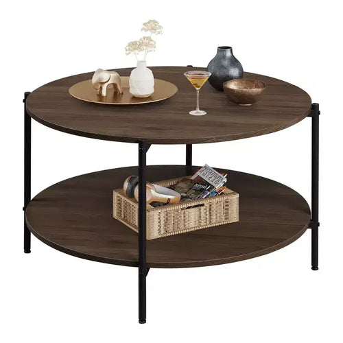 Table basse ronde 32,6 po avec étagère de rangement ouverte, table basse ronde industrielle en bois à 2 niveaux