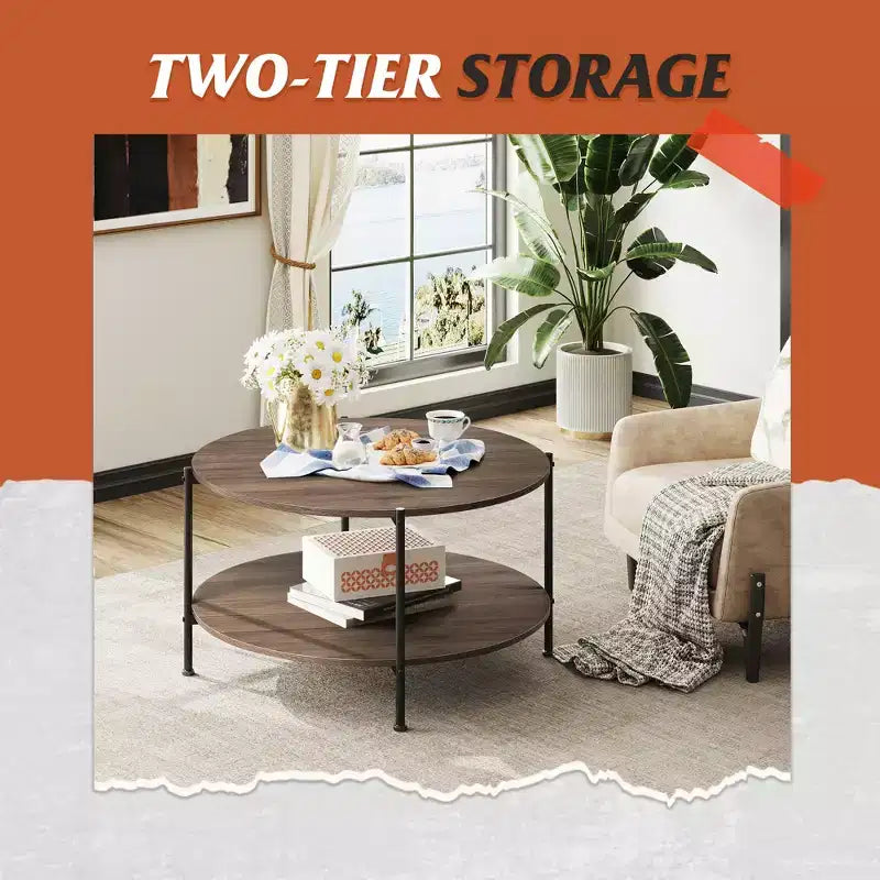 Table basse ronde 32,6 po avec étagère de rangement ouverte, table basse ronde industrielle en bois à 2 niveaux