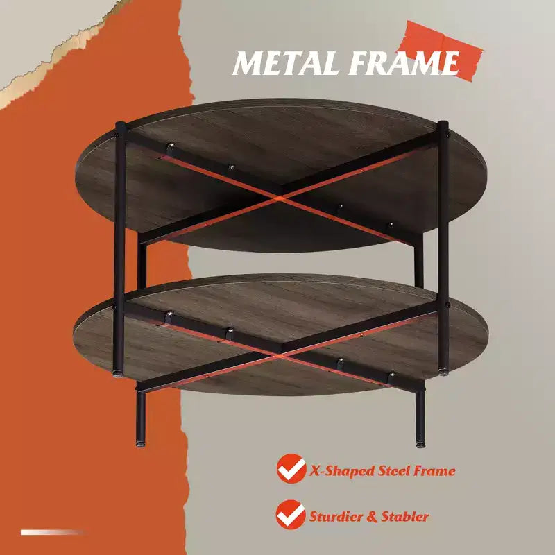 Table basse ronde 32,6 po avec étagère de rangement ouverte, table basse ronde industrielle en bois à 2 niveaux
