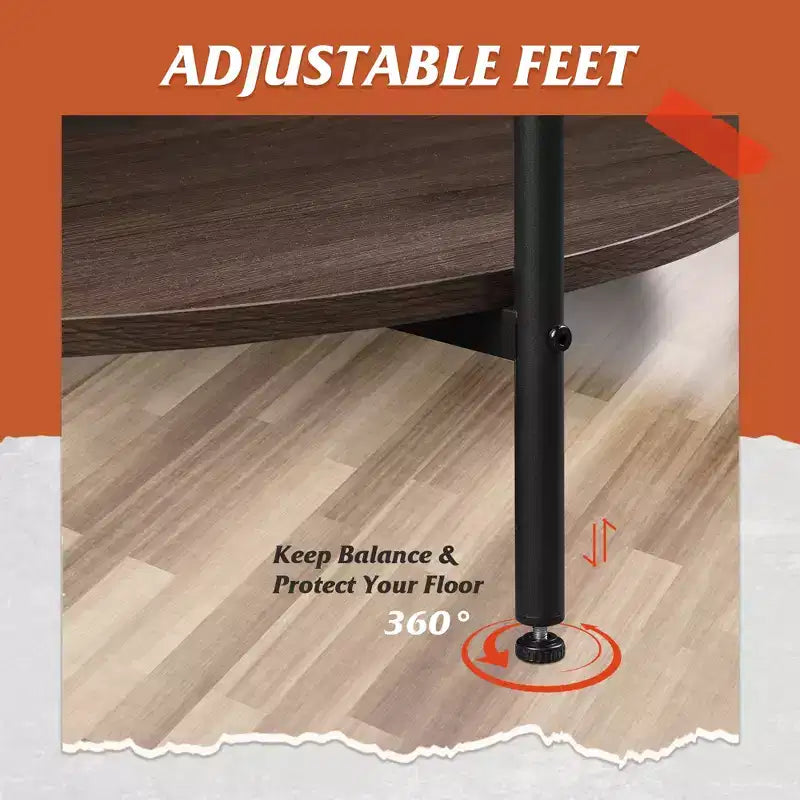 Table basse ronde 32,6 po avec étagère de rangement ouverte, table basse ronde industrielle en bois à 2 niveaux