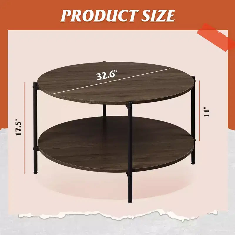 Table basse ronde 32,6 po avec étagère de rangement ouverte, table basse ronde industrielle en bois à 2 niveaux