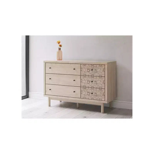 Commode à 6 tiroirs, fini chêne clair avec accents floraux, beige
