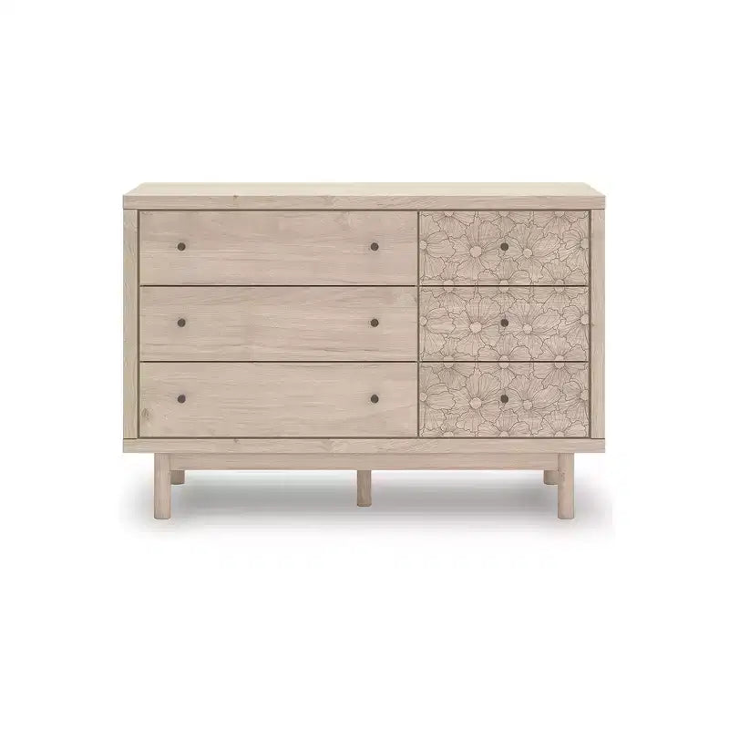 Commode à 6 tiroirs, fini chêne clair avec accents floraux, beige