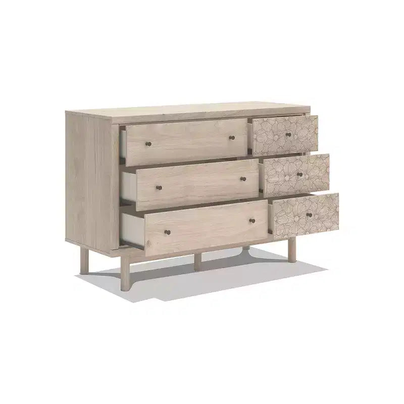 Commode à 6 tiroirs, fini chêne clair avec accents floraux, beige