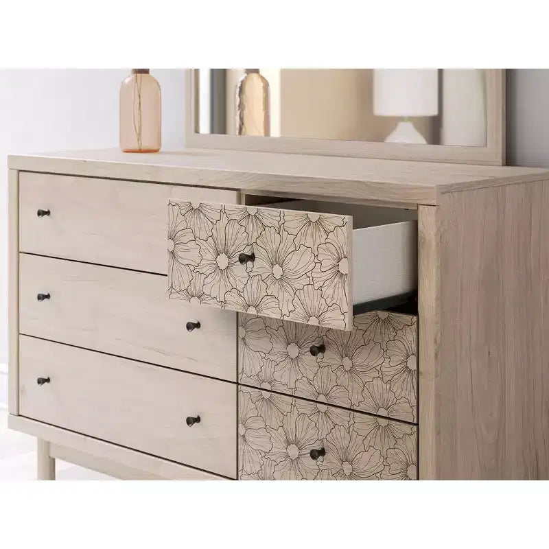 Commode à 6 tiroirs, fini chêne clair avec accents floraux, beige