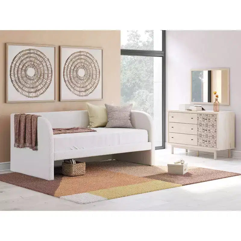 Commode à 6 tiroirs, fini chêne clair avec accents floraux, beige