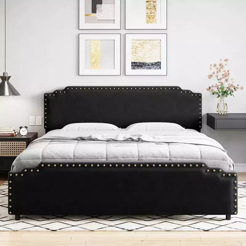 Bed Frame, Velvet Upholstered Platform Bed Frame with Riveted Decorative Headboard, No Box Spring Noiseless, Easy to Assemble