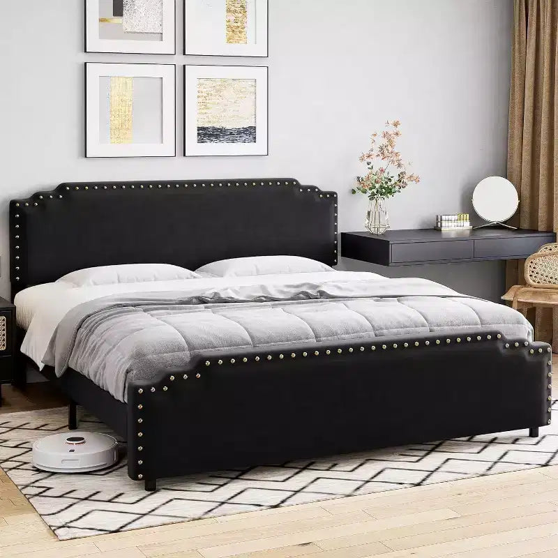 Cadre de lit, Cadre de lit plateforme tapissé de velours avec tête de lit décorative rivetée, Pas besoin de sommier tapissier, Silencieux, Facile à monter