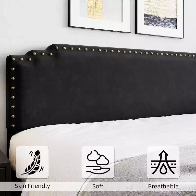 Cadre de lit, Cadre de lit plateforme tapissé de velours avec tête de lit décorative rivetée, Pas besoin de sommier tapissier, Silencieux, Facile à monter
