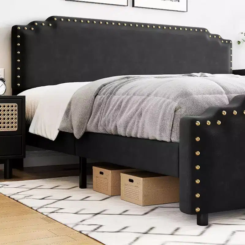 Cadre de lit, Cadre de lit plateforme tapissé de velours avec tête de lit décorative rivetée, Pas besoin de sommier tapissier, Silencieux, Facile à monter