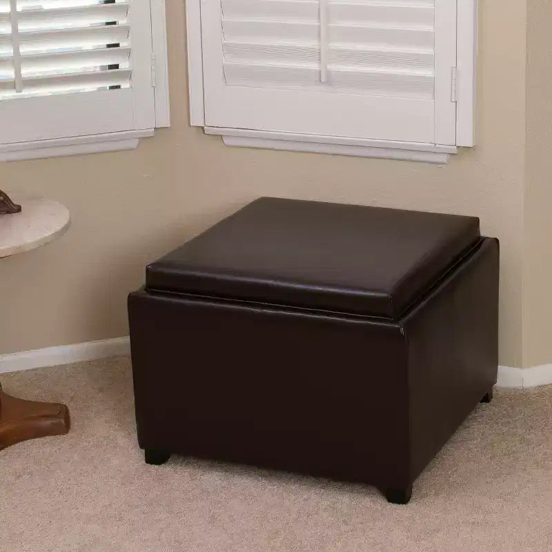 Ottoman de rangement contemporain en similicuir, dessus plateau, brun chocolat/brun foncé