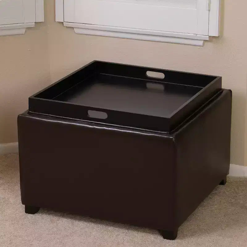 Ottoman de rangement contemporain en similicuir, dessus plateau, brun chocolat/brun foncé