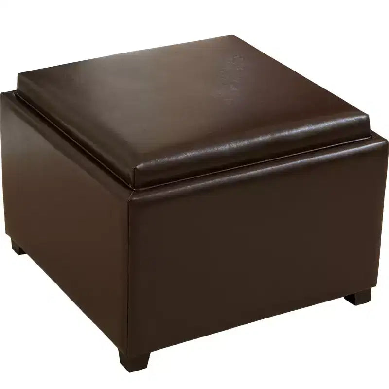 Ottoman de rangement contemporain en similicuir, dessus plateau, brun chocolat/brun foncé