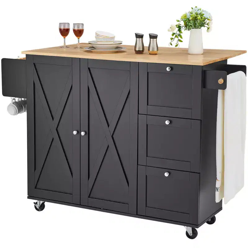 VEVOR Kitchen Island Cart, 56 Wood Top Mobile Carts with Storage Cabinet, Rolling Table with Drop Leaf, Spice Rack, Towel Bar, Adjustable Shelf