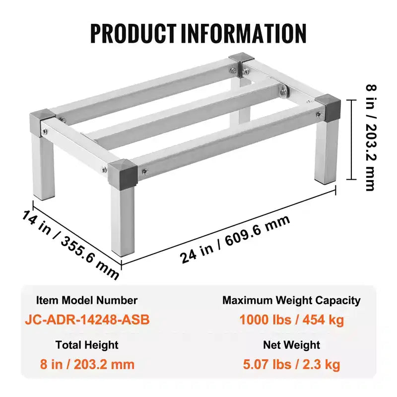 Étagère à dunnage en aluminium, Étagère de plancher commerciale de 60,96 x 35,56 cm pour aliments, à 20,32 cm du sol, Capacité de 453,59 kg, Étagère de rangement en aluminium réglable