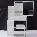 Okak Vanity Table and Chair Set and Cushioned Stool, 29.2 Compact Left-Side Bedside Dressing Table with Touch Sliding LED Mirror, White