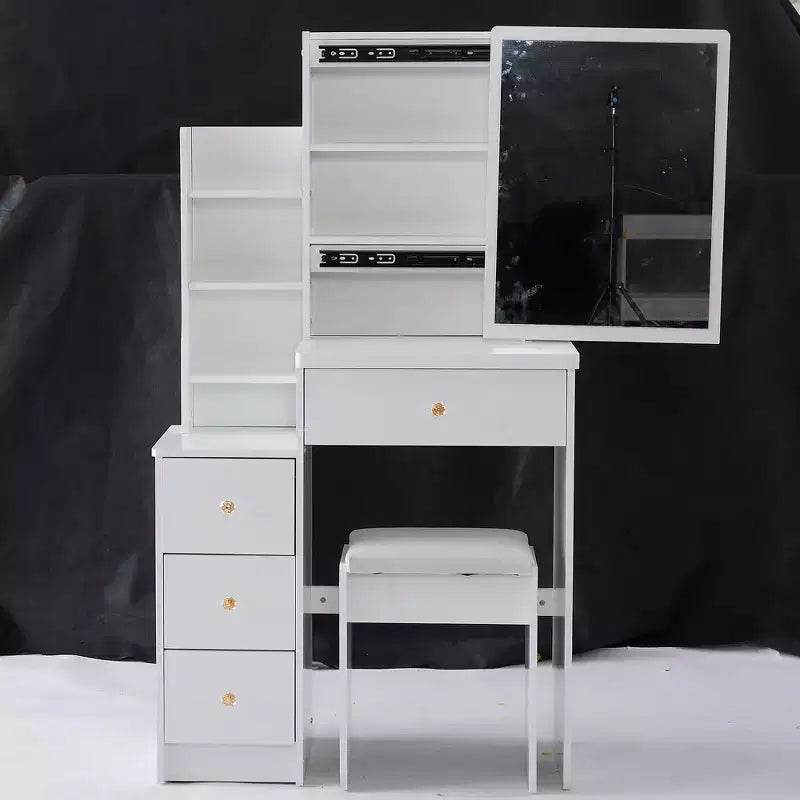 Okak Vanity Table and Chair Set and Cushioned Stool, 29.2 Compact Left-Side Bedside Dressing Table with Touch Sliding LED Mirror, White
