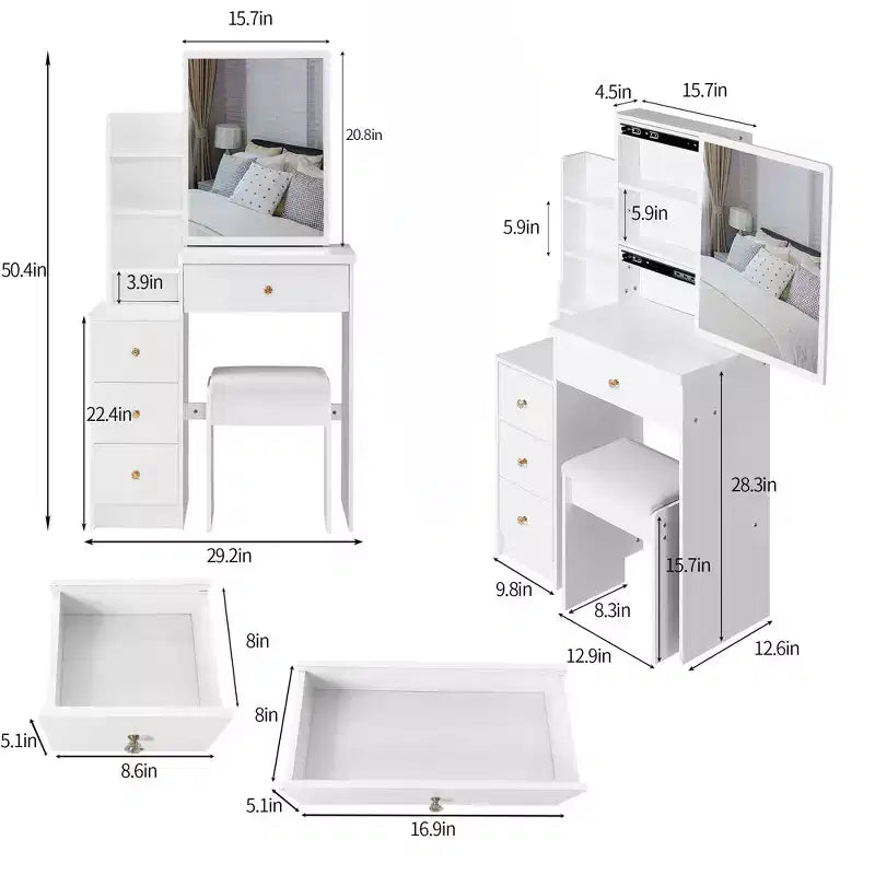 Table de chevet avec coiffeuse et tabouret capitonné, table de chevet compacte de 29,2 po avec miroir LED coulissant tactile, blanc