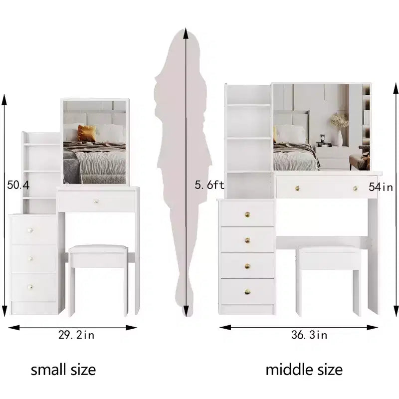Table de chevet avec coiffeuse et tabouret capitonné, table de chevet compacte de 29,2 po avec miroir LED coulissant tactile, blanc