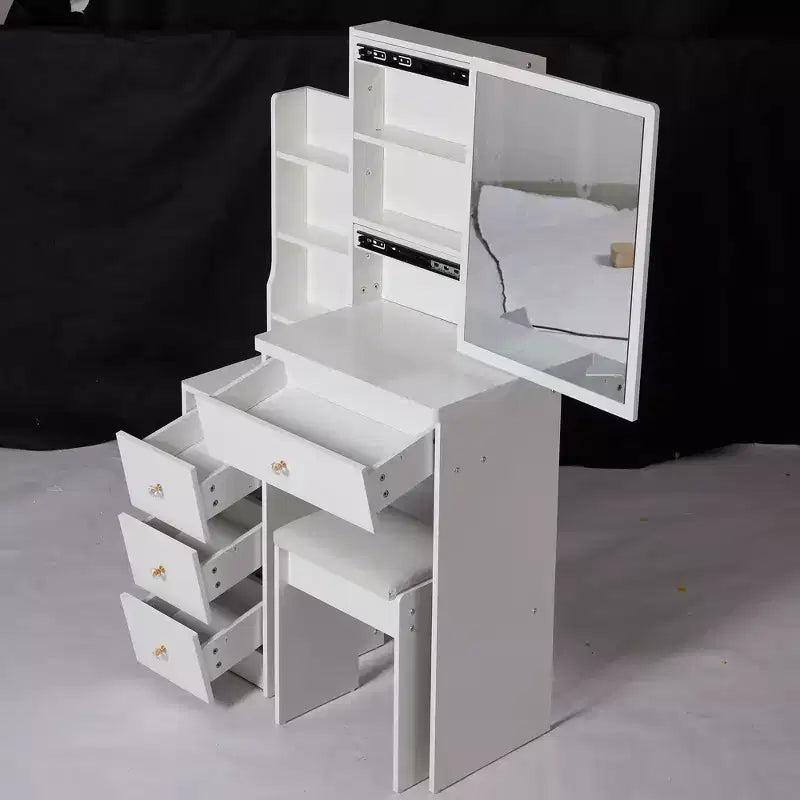 Table de chevet avec coiffeuse et tabouret capitonné, table de chevet compacte de 29,2 po avec miroir LED coulissant tactile, blanc
