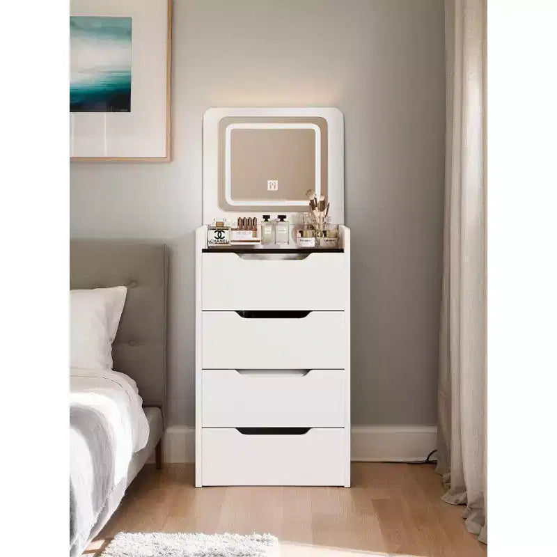 Okak 18.9 3-in-1 Vanity Table and Stool Set with Flip-Top Mirror,Compact Makeup Vanity with Visible Glass Desktop and 3 Drawers,White