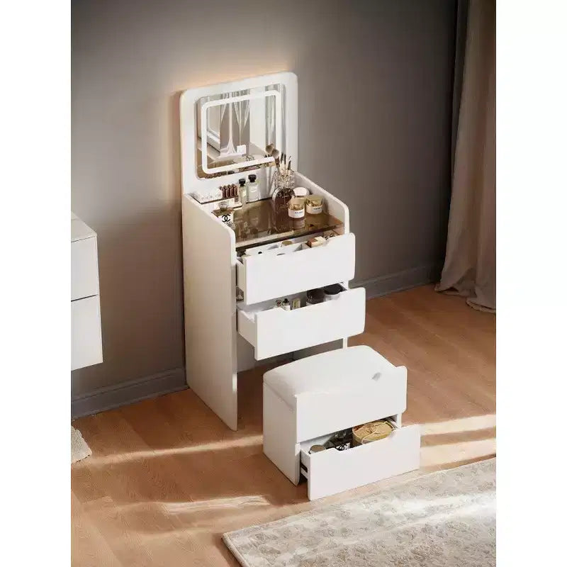 18.9 Ensemble coiffeuse et tabouret 3-en-1 avec miroir rabattable, coiffeuse compacte avec plateau en verre visible et 3 tiroirs, blanc