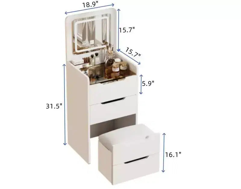 18.9 Ensemble coiffeuse et tabouret 3-en-1 avec miroir rabattable, coiffeuse compacte avec plateau en verre visible et 3 tiroirs, blanc