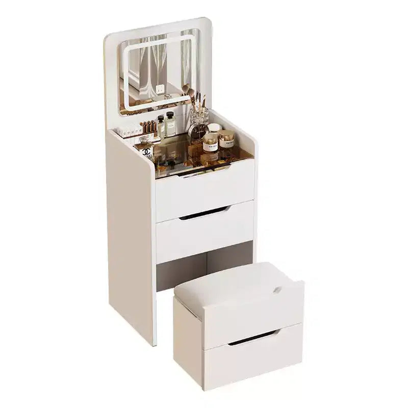 18.9 Ensemble coiffeuse et tabouret 3-en-1 avec miroir rabattable, coiffeuse compacte avec plateau en verre visible et 3 tiroirs, blanc