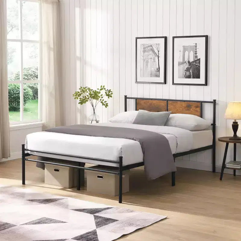 Okak King Size Bed Frame with Headboard, Modern Platform Bed with Wood Panel Decoration for Bedroom, Black