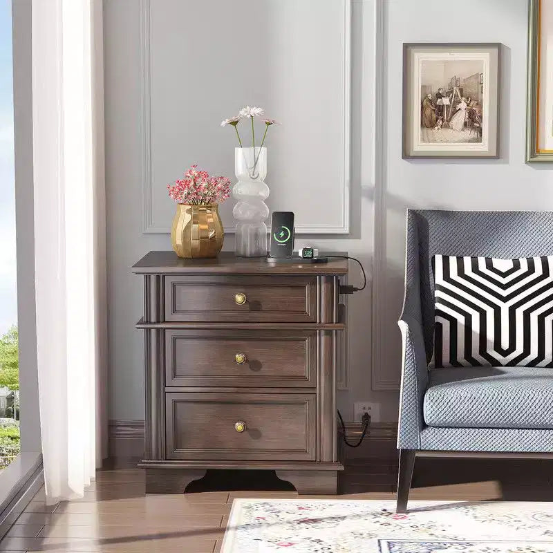 Karl Home 24.02in. W Solid wood 3 drawer nightstand with 2 Usb