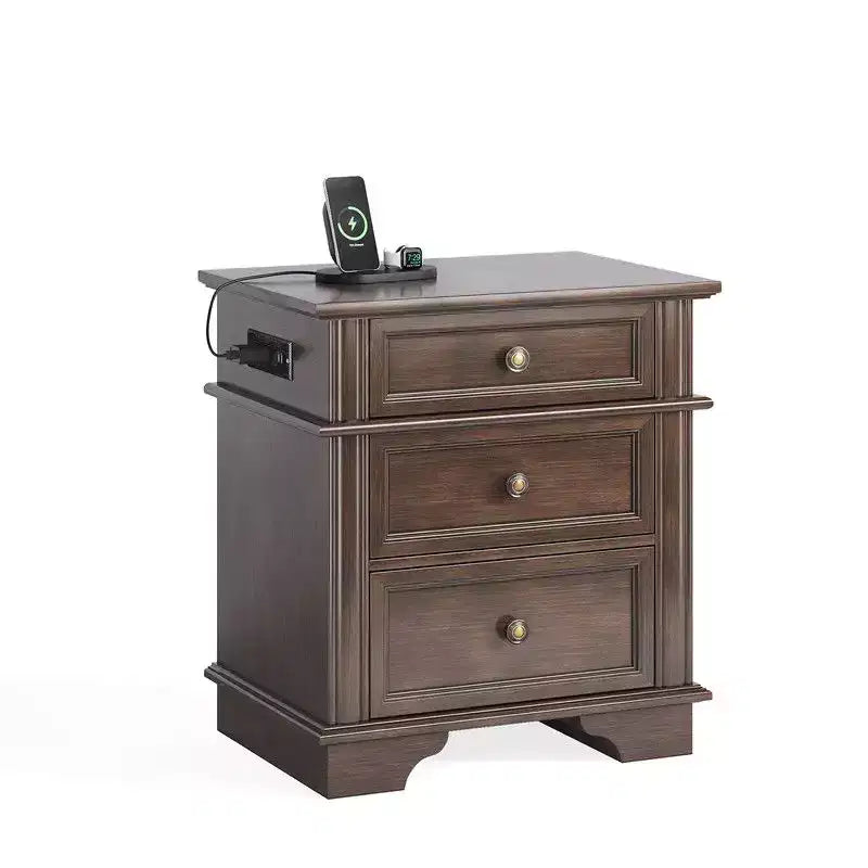 Table de chevet en bois massif de 24,02 po de l. avec 3 tiroirs et 2 ports USB