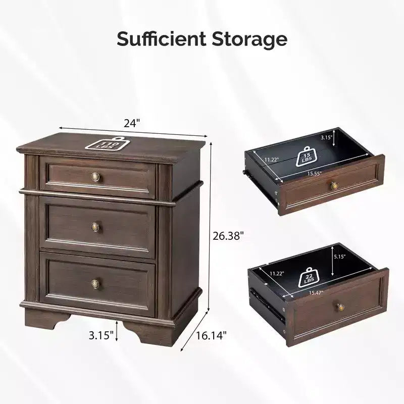 Table de chevet en bois massif de 24,02 po de l. avec 3 tiroirs et 2 ports USB