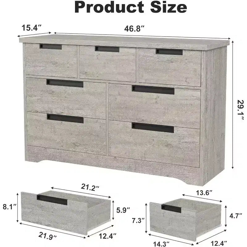 Commode à 7 tiroirs pour chambre à coucher, commode grise moderne avec poignées encastrées, organisateur de rangement en bois pour salon, chambre d'enfant, couloir ou entrée