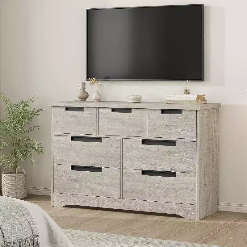 Commode à 7 tiroirs pour chambre à coucher, commode grise moderne avec poignées encastrées, organisateur de rangement en bois pour salon, chambre d'enfant, couloir ou entrée