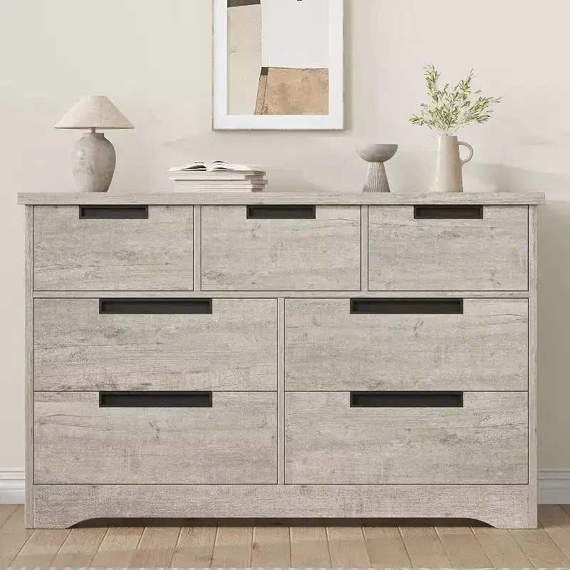 Commode à 7 tiroirs pour chambre à coucher, commode grise moderne avec poignées encastrées, organisateur de rangement en bois pour salon, chambre d'enfant, couloir ou entrée