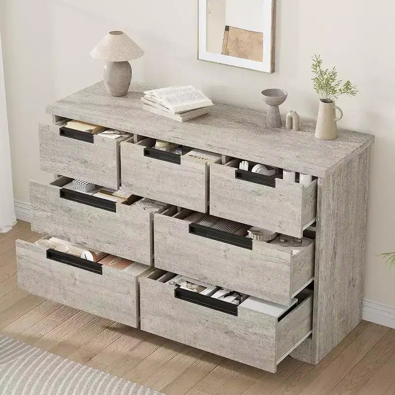 Commode à 7 tiroirs pour chambre à coucher, commode grise moderne avec poignées encastrées, organisateur de rangement en bois pour salon, chambre d'enfant, couloir ou entrée