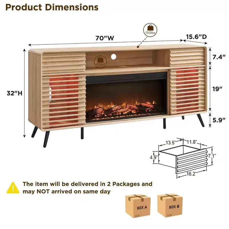 Meuble TV Cheminée de 70 po, pour téléviseur de 80 po, avec Cheminée Électrique de 36 po, Télécommande, Types de Flammes 3D & Lumières LED, Portes Coulissantes à Lattes, Tiroirs