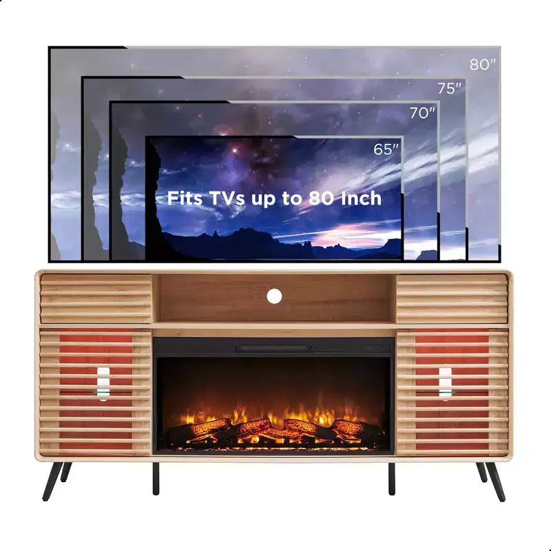 Meuble TV Cheminée de 70 po, pour téléviseur de 80 po, avec Cheminée Électrique de 36 po, Télécommande, Types de Flammes 3D & Lumières LED, Portes Coulissantes à Lattes, Tiroirs
