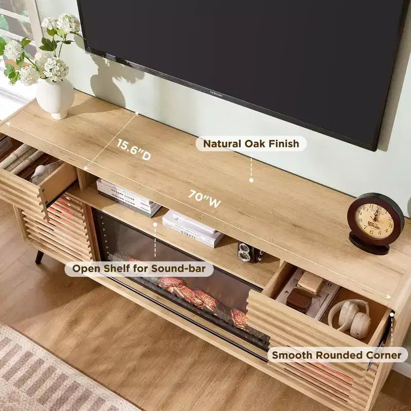 Meuble TV Cheminée de 70 po, pour téléviseur de 80 po, avec Cheminée Électrique de 36 po, Télécommande, Types de Flammes 3D & Lumières LED, Portes Coulissantes à Lattes, Tiroirs