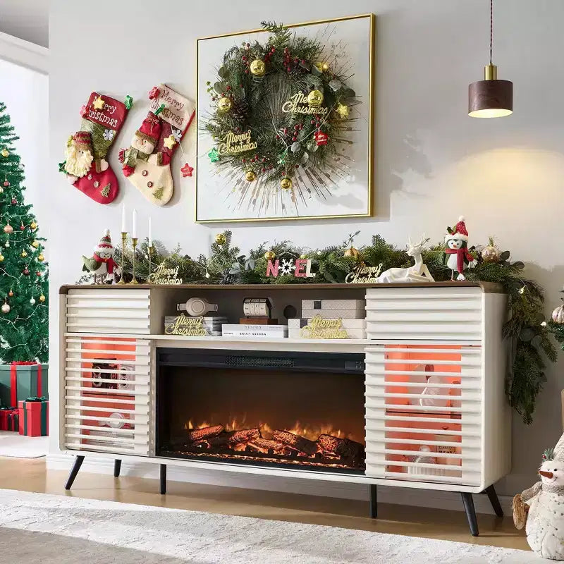Meuble TV Cheminée de 70 po, pour téléviseur de 80 po, avec Cheminée Électrique de 36 po, Télécommande, Types de Flammes 3D & Lumières LED, Portes Coulissantes à Lattes, Tiroirs